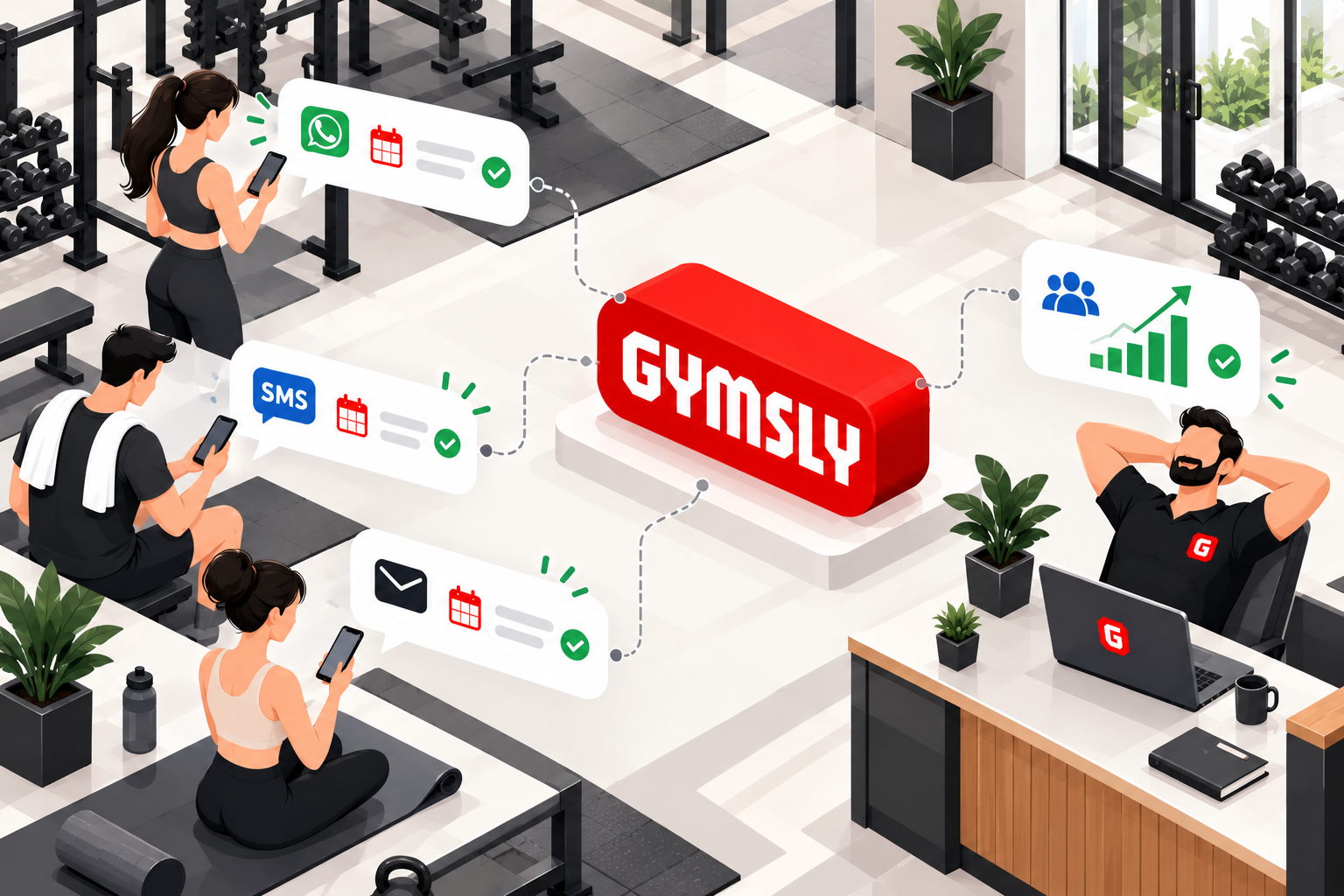 Gymsly reminders on WhatsApp, email, and SMS. Isometric gym scene of a Gymsly hub sending WhatsApp, email, and SMS reminders to members on the floor and a studio owner at the front desk, each message marked with a calendar and a delivered check.