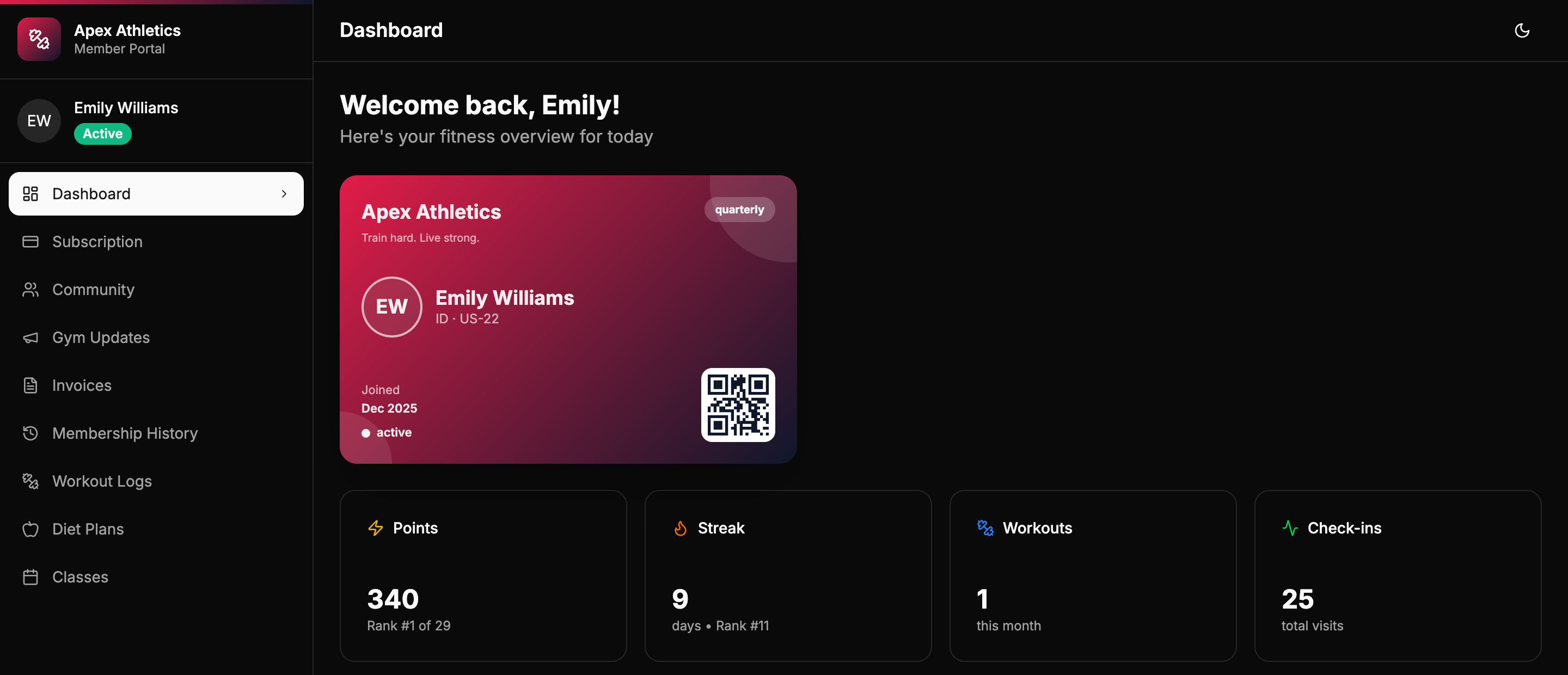 Member portal dashboard with points, streak, check-ins, membership status and 30-day progress