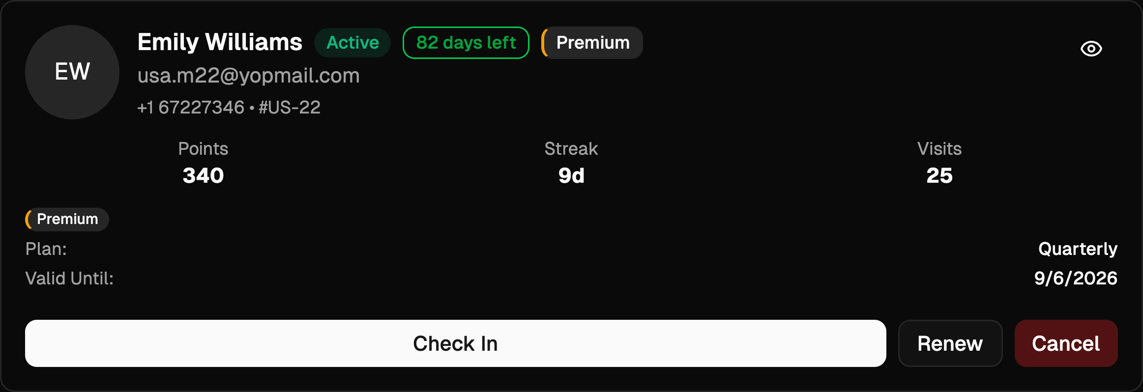 Member profile showing points, streak, visits and membership actions