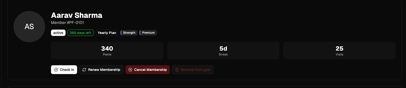 Member profile showing points, streak, visits and membership actions